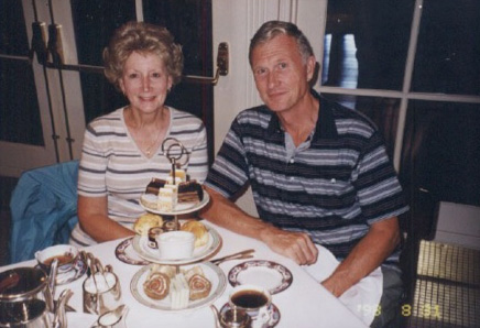 With wife Beverly at a late 1990's Florida stamp show post-show dinner.